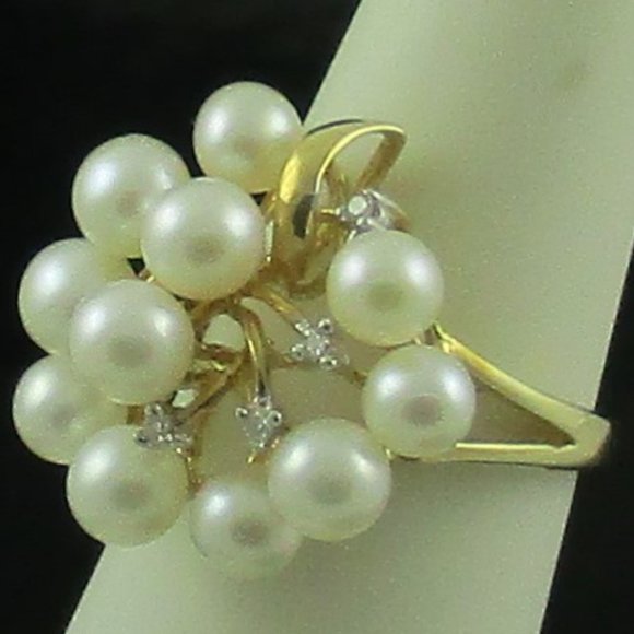 14K Gold Cultured Freshwater Pearl & Diamond Spray Ring - Size 5 - Picture 4 of 7